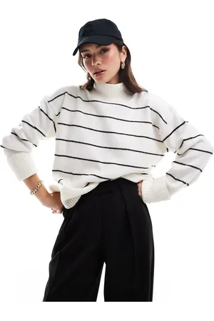 ASOS Knit high neck sweater with turn-back cuffs in mono stripe