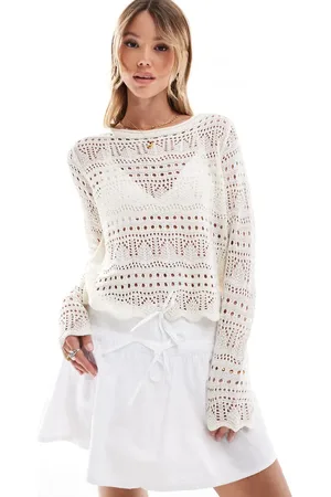JDY Boatneck eyelet long sleeve top in cream