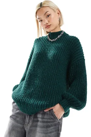 Monki High neck chunky rib knitted sweater with volume sleeve in dark