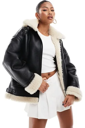 Aria Cove Faux shearling hooded coat in and cream