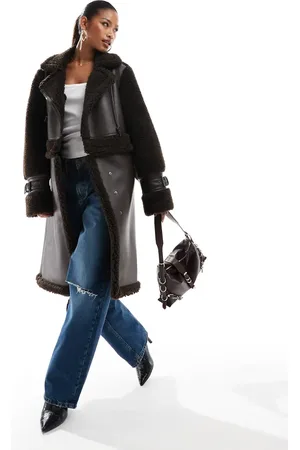 Aria Cove Faux shearling 2 in 1 longline coat in chocolate
