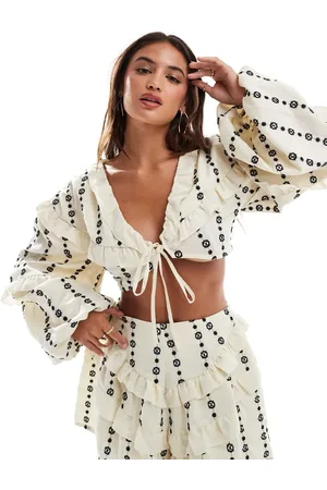 ASOS Embroidered frill crop top in cream - part of a set