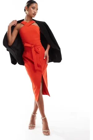 Lavish Alice Front tie belted halterneck midi dress in
