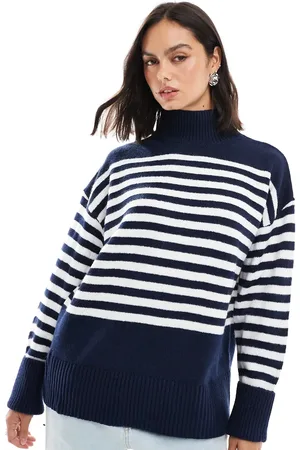 ASOS Knitted high neck sweater with turn back cuffs in navy stripe