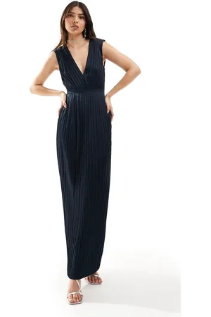 TFNC Bridesmaid satin pleated maxi dress in navy