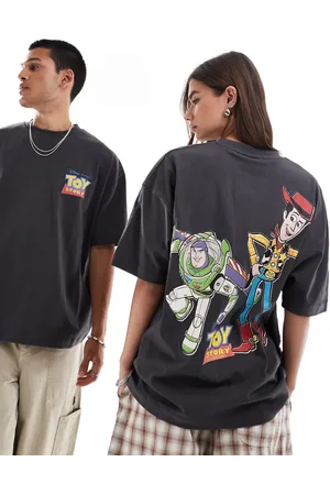 ASOS Disney Pixar unisex oversized T-shirt with Toy Story Woody & Buzz Lightyear prints in charcoal