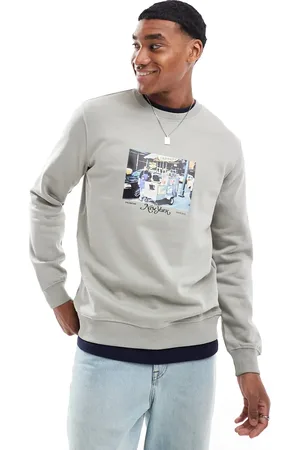 Only & Sons Crew neck sweat with NY photo print in washed light gray