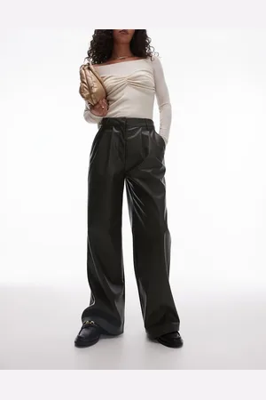 Topshop Faux leather wide leg tailored pants in khaki