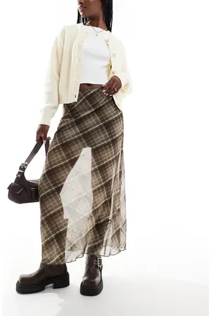 Stradivarius STR mesh midi skirt in plaid print