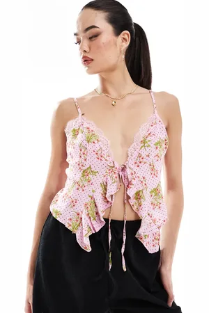 Y.A.S Cami frill detail top with tie front in pink floral spot print