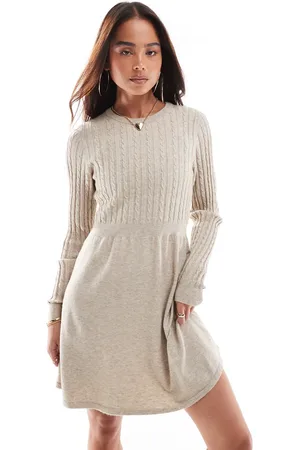 ONLY Cable knit mini skater dress in beige