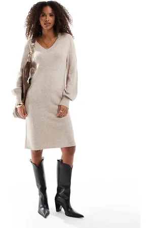 ONLY V-neck knit midi dress in beige