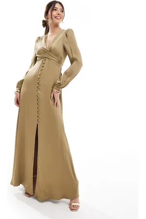 Maids to Measure Bridesmaid long sleeve button front maxi dress in olive