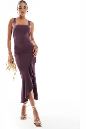 True Violet Square neck frill front cami midi dress in midnight plum