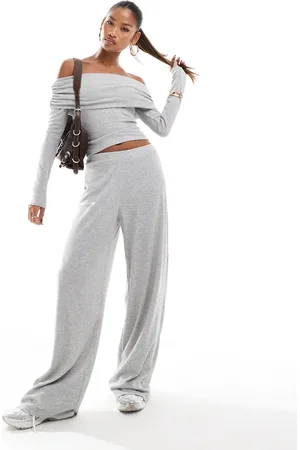 Kaiia Kaia ribbed wide leg ribbed pants in light heather - part of a set
