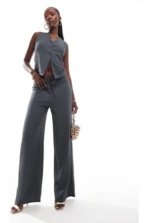 Kaiia Textured tie waist wide leg pants in slate - part of a set