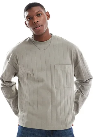 ASOS Oversized boxy long sleeve rib t-shirt with front pocket in khaki