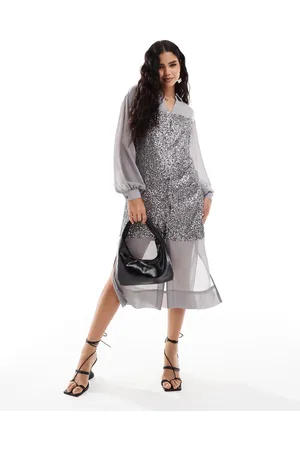 Never Fully Dressed Lila sequin midaxi shirt dress in gunmetal
