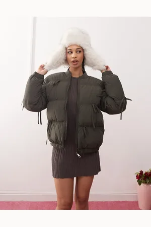 COLLUSION Bow detail puffer coat in khaki