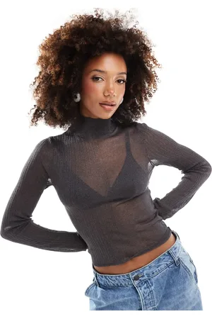 ASOS Knitted sheer roll neck layering top in charcoal