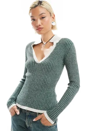 COLLUSION Shimmer knit V-neck collared top in forest