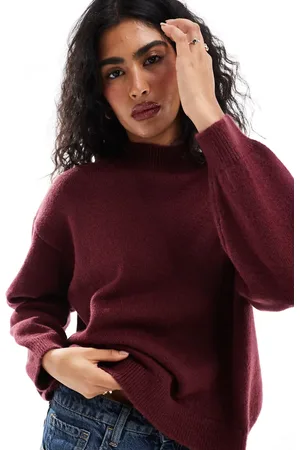 ASOS Fluffy knit high neck sweater in burgundy