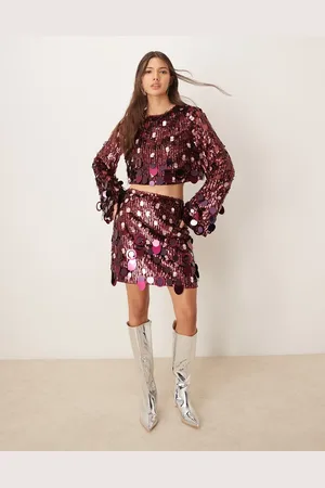ASOS Embellished sequin long sleeve crop top in burgundy - part of a set
