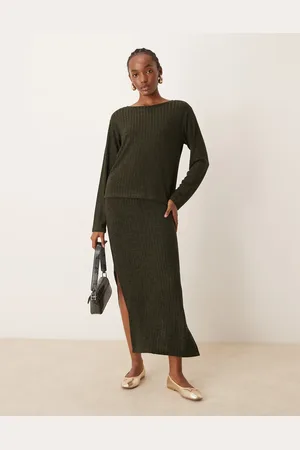 JDY Ribbed midi skirt in khaki - part of a set