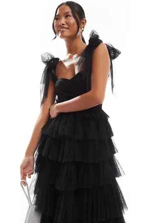 Lace & Beads Bow shoulder tiered tulle maxi dress in