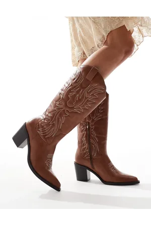 Glamorous Western heeled knee boots in tan