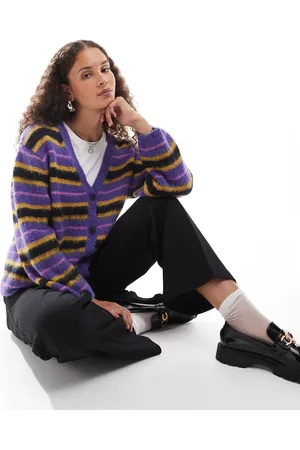 Monki Fluffy yarn knit cardigan with V-neck in purple and black stripe