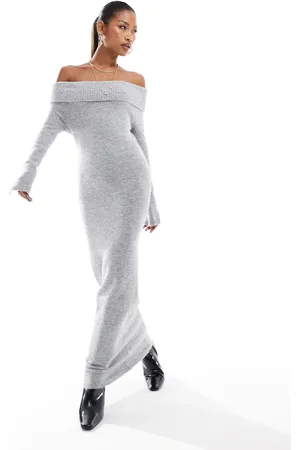 Aria Cove Knitted bardot fold over maxi sweater dress in heather