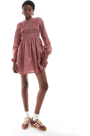 Daisy Street Shirred detail mini smock dress in red natural gingham