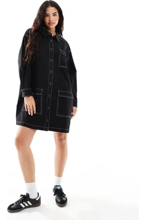 COLLUSION Long sleeve twill mini shirt dress with contrast stitch detail in