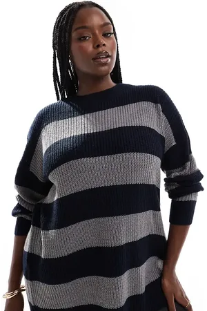 Yours Dropped shoulder striped sweater in navy and gray