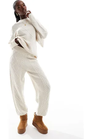 Aria Cove Cable knit cuff detail sweatpants in cream - part of a set