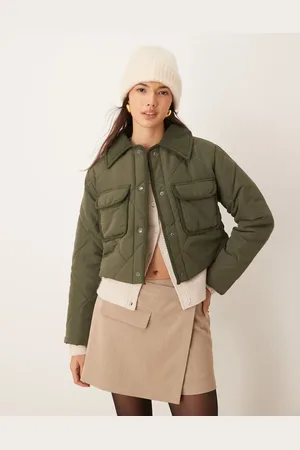 JDY Cropped quilted coat with corduroy detailing in olive