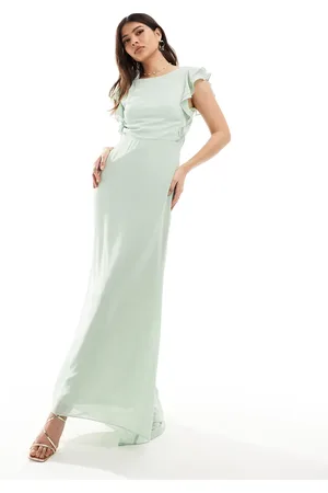 TFNC Bridesmaid chiffon twist back maxi dress with flutter sleeve in navy