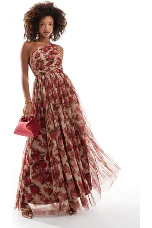 Lace & Beads Bridesmaid one shoulder tulle maxi dress in rose floral