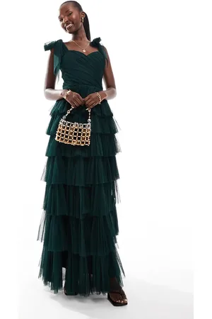 Lace & Beads Bow shoulder tiered tulle maxi dress in emerald
