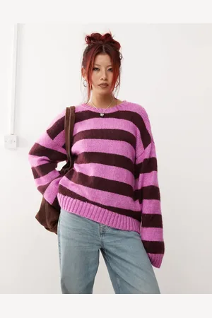 Monki Crew neck knit sweater in and burgundy stripe