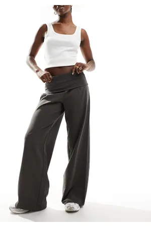 Pull&Bear Turnover waistband wide leg tailored pants in taupe