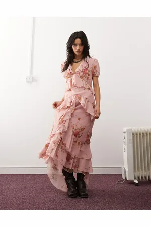 Reclaimed Boho flounce maxi tea dress in pink floral print