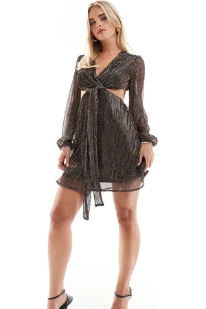 TFNC Pleated shimmer mini dress in brown