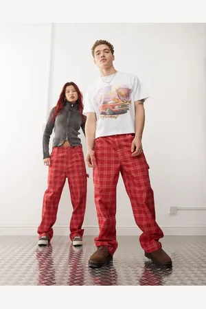 Reclaimed Unisex plaid print barrel leg pants