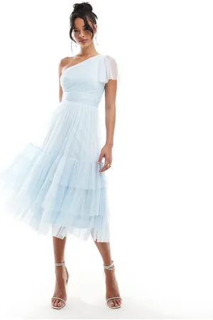 Lace & Beads Bridesmaid Madison one-shoulder tulle midi dress in sky