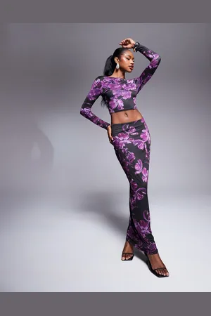 Kaiia Exclusive slinky bodycon maxi skirt in purple print - part of a set