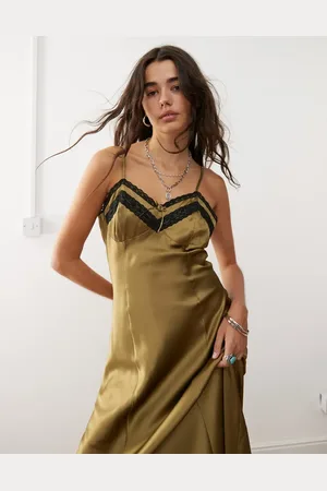 Reclaimed Cami slip dress with lace trim in olive green