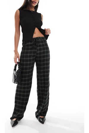 Pull&Bear Wide leg tartan check pants in and green