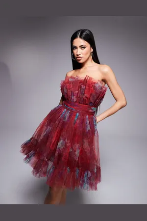 Lace & Beads Tulle bandeau mini dress in burgundy floral